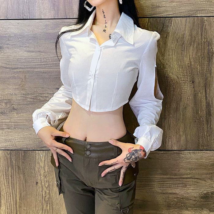 Color-Autumn Women Clothing Sexy Sweet Fresh Polo Collar Breasted Long Sleeve Shirt-Fancey Boutique