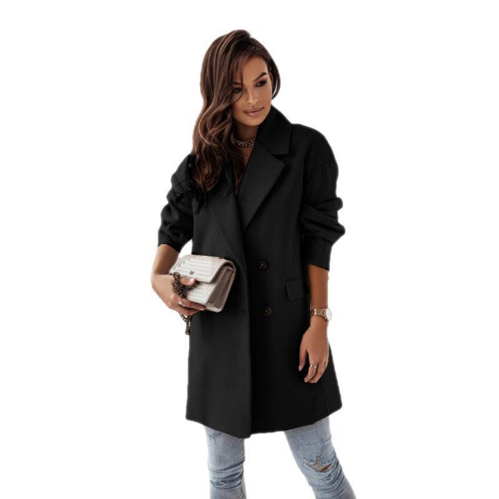 Color-Popular Autumn Winter Long Sleeve Set Collar Double Breasted Woolen Coat Women-Fancey Boutique