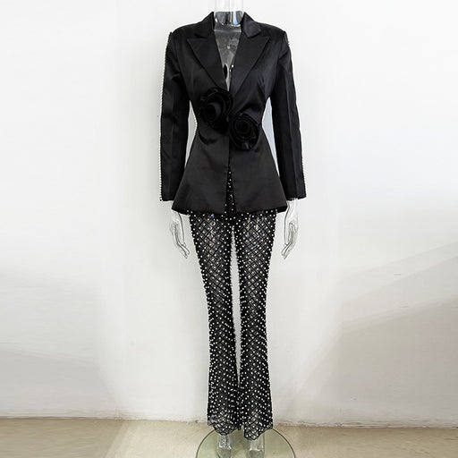 Color-Goods Spring Summer Hollowed Beaded Three Dimensional Floral Suit Pearl Sequin Gauze Trousers-Fancey Boutique