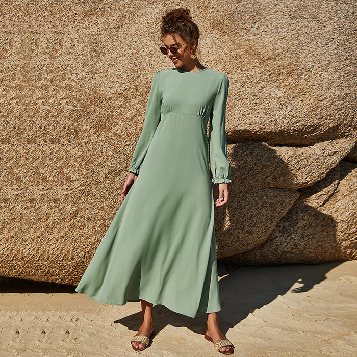 Color-Spring Summer Waist Chiffon Women round Neck Solid Color Stretchy Sleeves Large Swing Dress Long Sleeve Loose Casual Lady Dress-Fancey Boutique