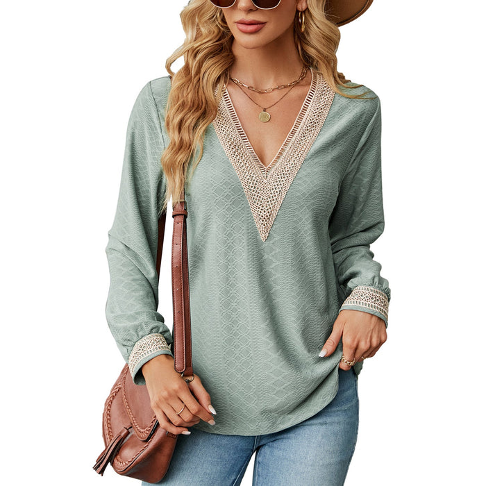 Color-Dark Green-Autumn Winter Lace V-neck Patchwork Loose Long-Sleeved T-shirt Top Women Clothing-Fancey Boutique