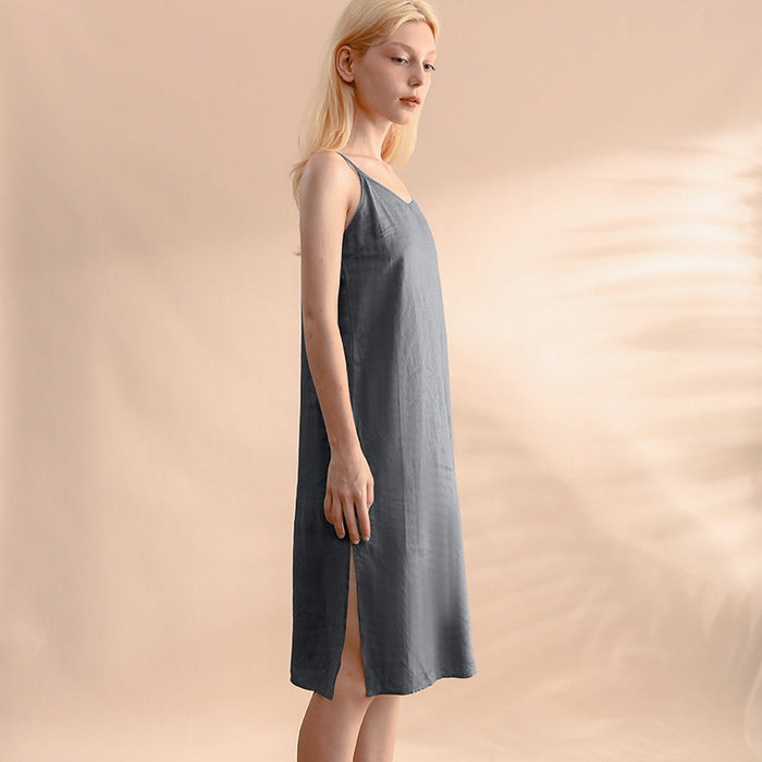 Color-Pure Linen Slip Dress Simple Inner Wear Dress Niche Vacation Cotton Linen Home Nightdress Vest Dress-Fancey Boutique