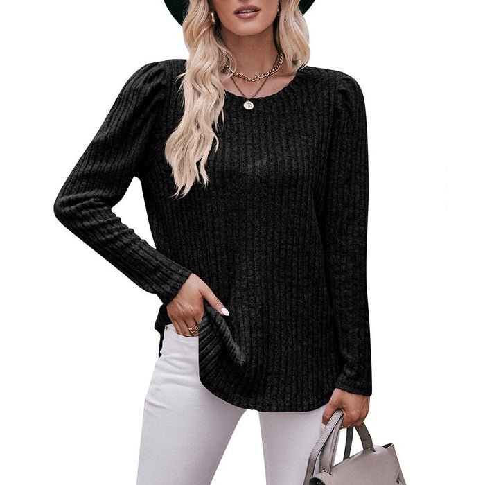 Color-Black-Women round-Neck Puff Sleeve Brushed Sunken Stripe Solid Color Upper Clothes Long Sleeves T-shirt-Fancey Boutique