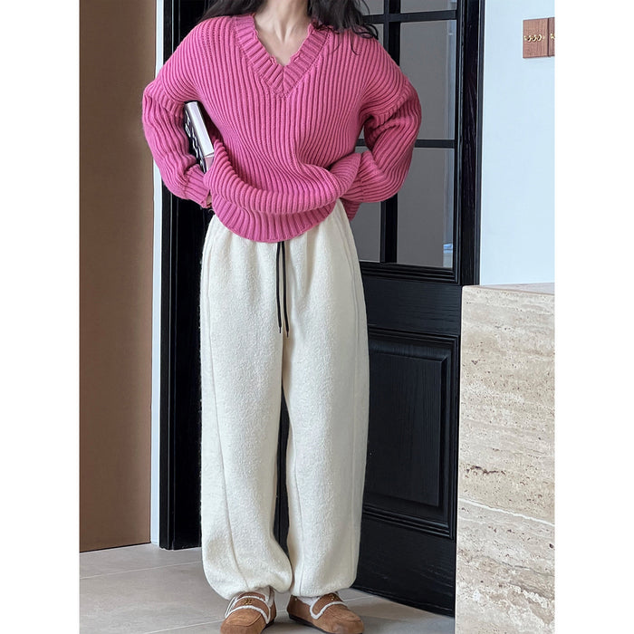 Color-Autumn Winter Woolen Woolen Casual Pants Sweatpants Women Autumn Winter Thickening Lamb Wool Ankle Banded Pants-Fancey Boutique