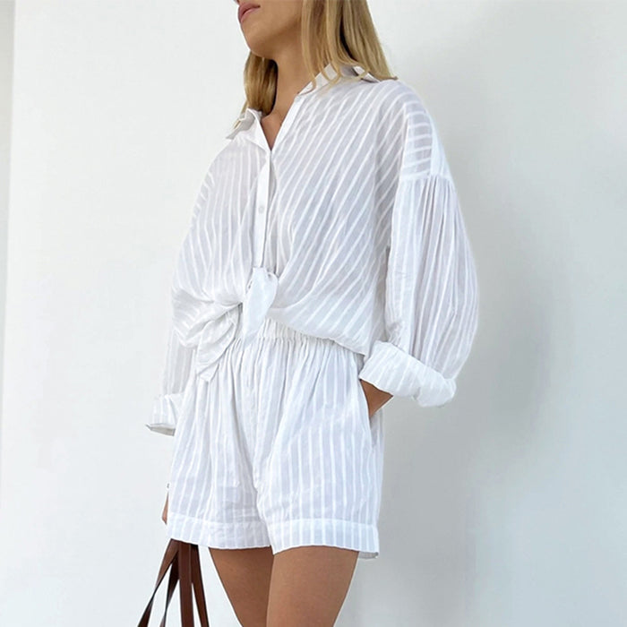 Color-Summer Women Clothing Shirt Jacquard Striped Puff Sleeve Shorts Office Design Casual Set-Fancey Boutique