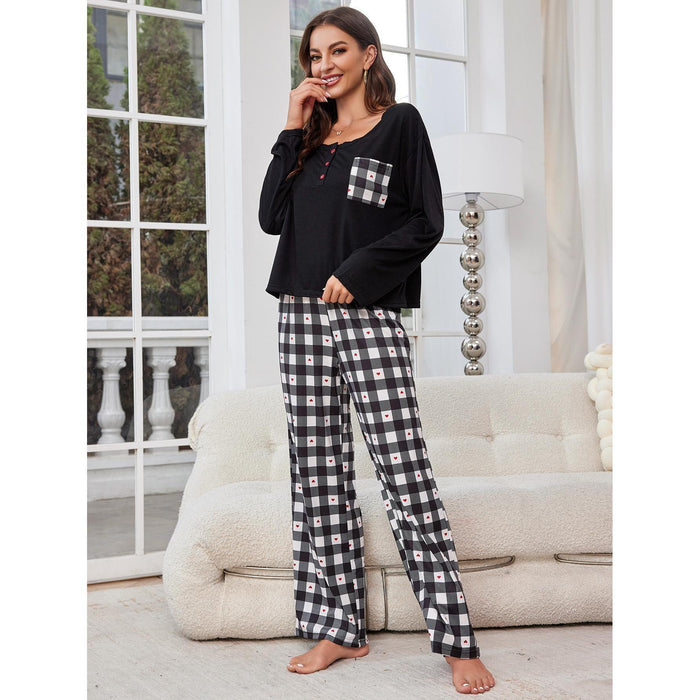 Color-Pajamas Women Spring Autumn Plaid Long Sleeve Cardigan Homewear Two Piece Set-Fancey Boutique