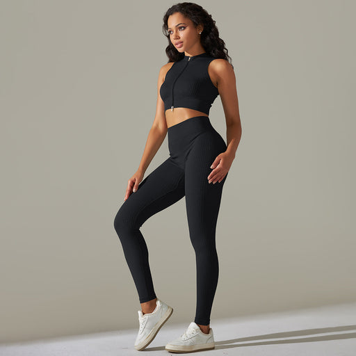 Color-Pure Black-Seamless Knitted Zipper Thread Sexy Sports Vest Pants Yoga Clothes Fitness Suit Women-Fancey Boutique