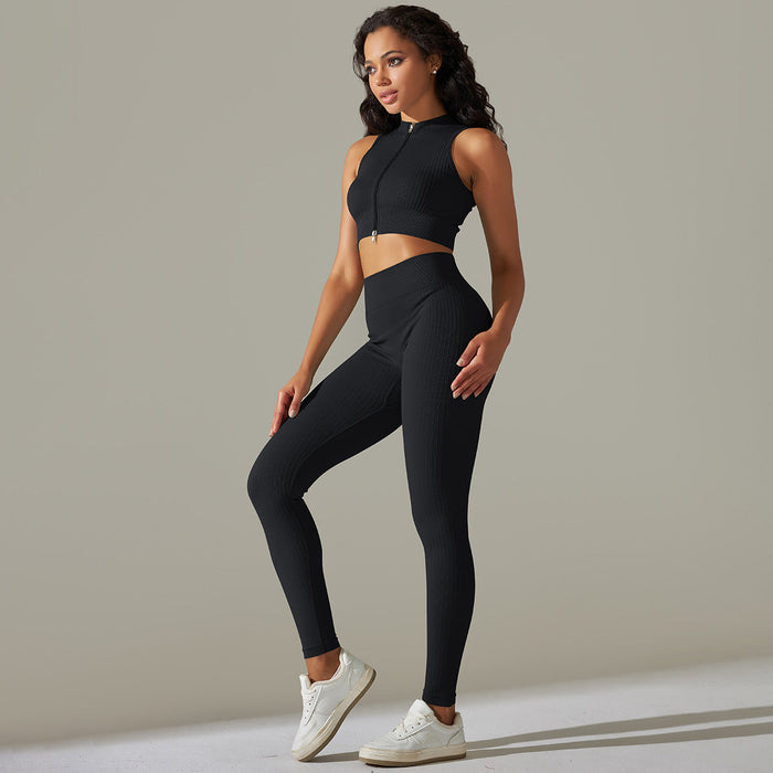 Color-Pure Black-Seamless Knitted Zipper Thread Sexy Sports Vest Pants Yoga Clothes Fitness Suit Women-Fancey Boutique