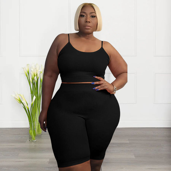 Color-Plus Size Women Clothing Casual Sports Two Piece High Elastic U Shaped Sleeveless Shorts Suit-Fancey Boutique