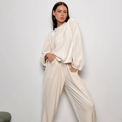 Color-Velvet Solid Color Warm Keeping Comfortable Wide Leg Pants Set Pajamas Winter Women Homewear Can Be Worn outside-Fancey Boutique