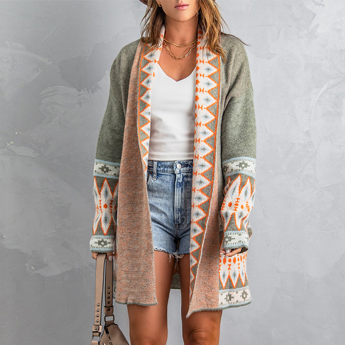 Color-Shiying Ethnic Print Cardigan Knitted Coat for Women Autumn Winter Cardigan Top-Fancey Boutique