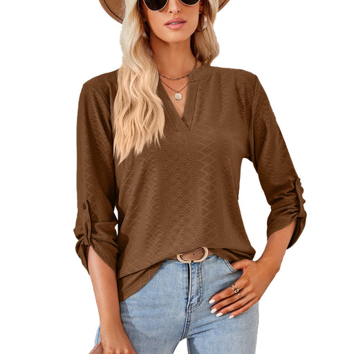 Color-Coffee-Autumn Winter Solid Color V-neck Three-Quarter Sleeve Button Loose-Fitting T-shirt Top Women-Fancey Boutique