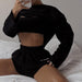 Color-Black-Women Clothing Autumn Solid Color Long Sleeve Pullover Top Casual Short Set-Fancey Boutique