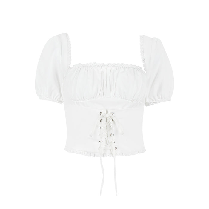 Color-Women Wear Sexy Square Neck Puff Sleeve White Short Cropped Top Waist Backless Short Sleeve Women-Fancey Boutique