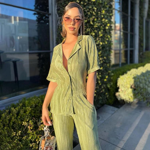 Color-Summer French Office Green Short Sleeve Shirt Casual Pleated High Waist Wide Leg Pants Suit textured-Fancey Boutique