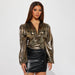 Color-Nightclub Open Collar Deep V Plunge Metal Color Shrink Folding Lantern Sleeve Waist Tight Sexy Top-Fancey Boutique