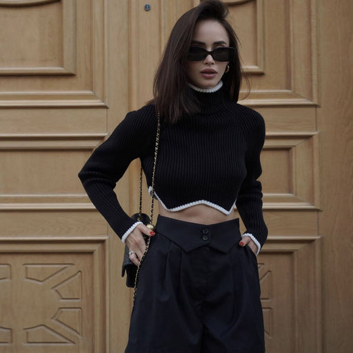 Color-Autumn Winter Women Clothes Turtleneck Irregular Asymmetric Hem Short Sweater Women-Fancey Boutique