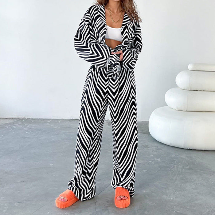 Color-Multi-Fall Set Loose Black White Striped Shirt Trousers Two Piece Set Women Clothing-Fancey Boutique