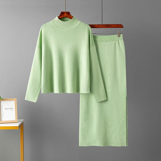 Color-Light Green-Women Clothing Autumn Casual Loose Long Skirt Two Piece Suit Sweater-Fancey Boutique