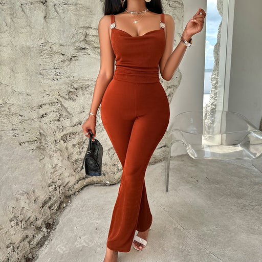 Color-Women Clothing Summer Casual Sexy Solid Color Sling Metal Jumpsuit-Fancey Boutique