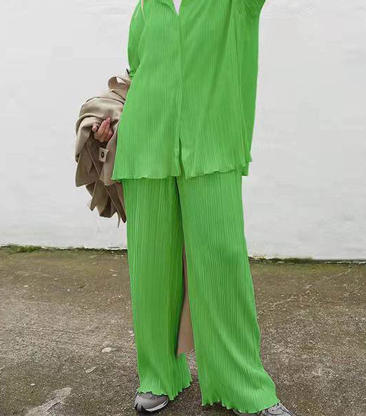 Color-Light Green-Spring Summer Solid Color Texture Loose Slimming Pleated Casual Suit textured-Fancey Boutique