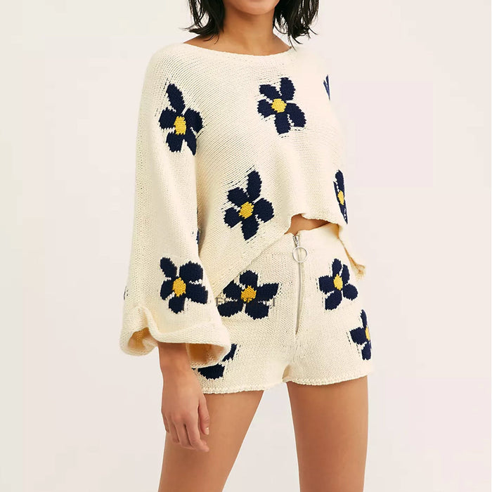 Color-Women Clothing Floral Print Long Sleeved Woolen Shorts Home Wear Two Piece-Fancey Boutique