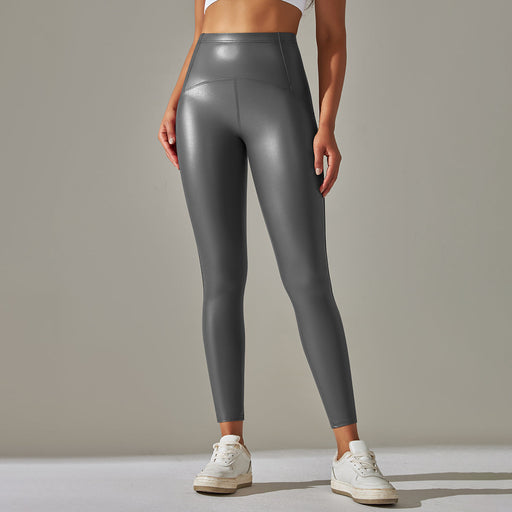 Color-Gray-Faux Leather Pants High Elastic Sexy High Waist Solid Color Bright Black Tight Trousers Running Fitness Yoga Pants-Fancey Boutique