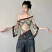 Color-Retro Asymmetric Lace Design off Shoulder Buckle Top Women Clothing Spring-Fancey Boutique