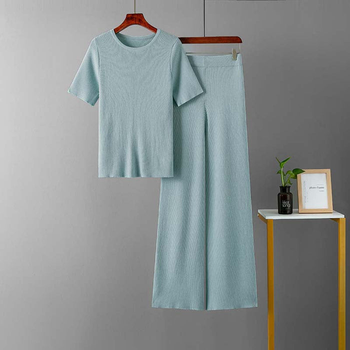 Color-Emerald-Summer High Elastic Solid Color round Neck Knitted Short Sleeve High Waist Slimming Two Piece Suit-Fancey Boutique