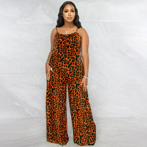Color-Orange-Jumpsuit Summer Leopard Print Strap Casual Jumpsuit Women-Fancey Boutique