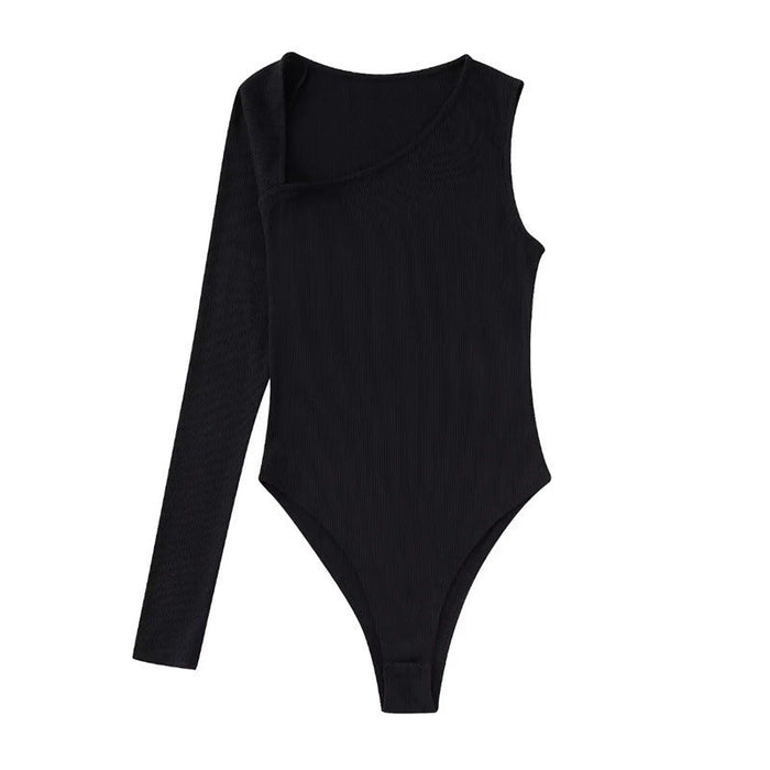 Color-Black-Autumn Women Clothing Slim Slimming Solid Color Asymmetric Bodysuits-Fancey Boutique