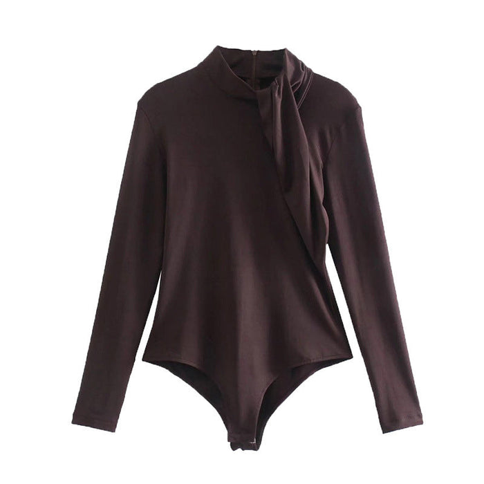 Color-Coffee-Women Clothing Stand Collar Long Sleeve Pleated Decorative Bodysuit-Fancey Boutique
