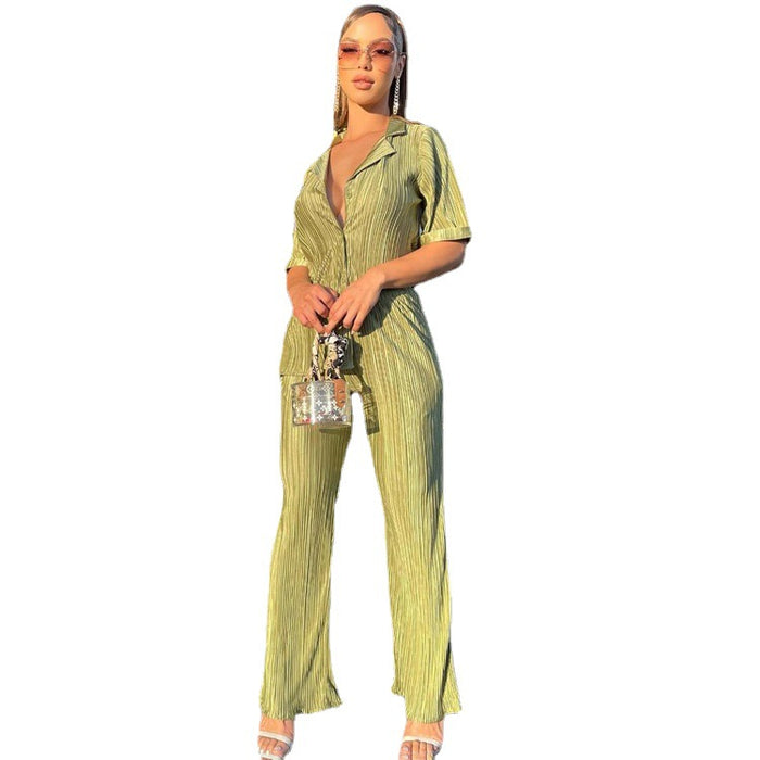 Color-Summer French Office Green Short Sleeve Shirt Casual Pleated High Waist Wide Leg Pants Suit textured-Fancey Boutique