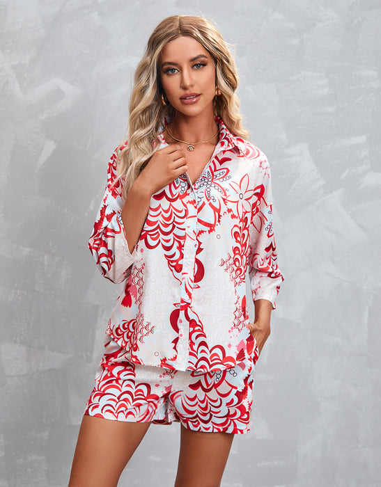 Color-Red-Women Clothing Printed 3/4 Sleeves Shorts Casual Suit-Fancey Boutique
