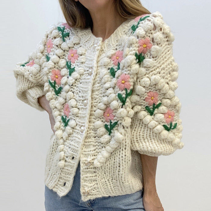 Color-Autumn Winter Handmade Crocheted Embroidery Twist Pearl Buckle Knitted Sweater Cardigan Coat-Fancey Boutique