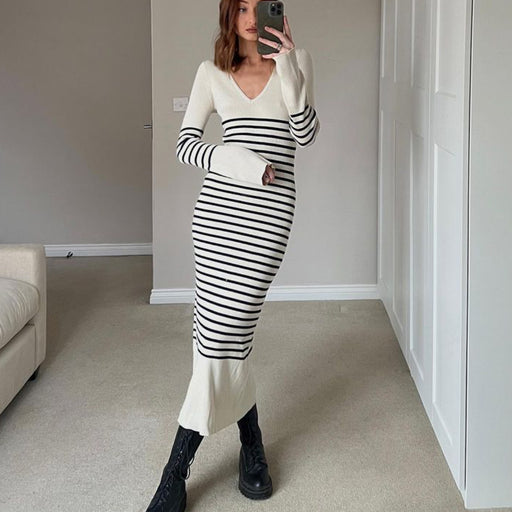 Color-Knitted Dress V Neck Casual Dehaired Angora Covering Yarn Waist Tight Sunken Stripe Slimming Stripes Knitted Dress Women-Fancey Boutique