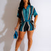 Color-Lake Blue-Women Clothing Sexy Women Hollow Out Cutout Out See Through Contrast Color Lapels Knitted Shorts sets-Fancey Boutique