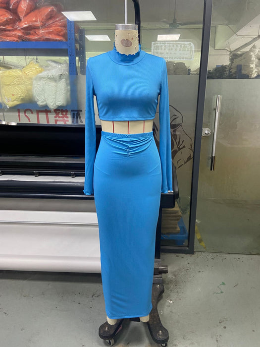 Color-Women Clothing Elegant Outfit Solid Color Cropped Flared Sleeve Top Pleated Skirt Sets-Fancey Boutique