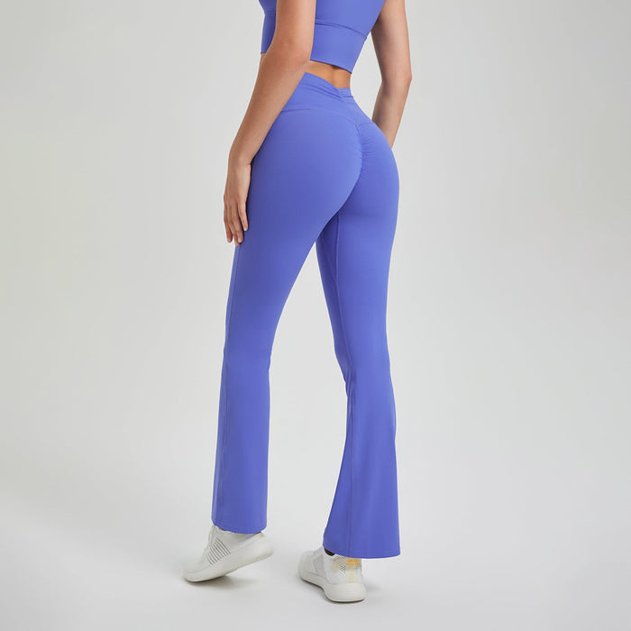 Color-Lycra High Waist Pleated Hip Lifting Anti Curling Nude Feel Yoga Pants Outer Wear Running Workout Pants Breathable Fitness Bell Bottom Pants-Fancey Boutique