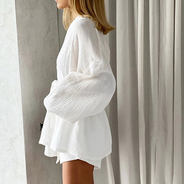 Color-Long Sleeve Nightgown Comfortable Pajamas Double-Layer Gauze White Air Conditioning Clothes Shorts Puff Sleeve Ladies Homewear-Fancey Boutique