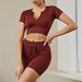 Color-Wine Red Two-Piece Set-Popular Zipper Bra High Waist Shorts Fitness Suit Running Fitness Sports Vertical Stripes Yoga Clothes-Fancey Boutique