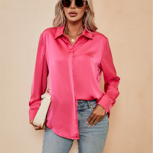 Color-Women Satin Cardigan Top Casual Loose Long Sleeve Shirt-Fancey Boutique