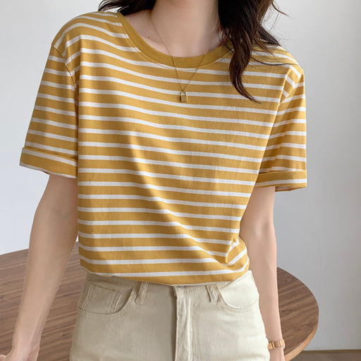 Color-Yellow-Women Short Sleeved T shirt Summer Thin Loose Cotton Green Striped T shirt Women Top Clothes-Fancey Boutique