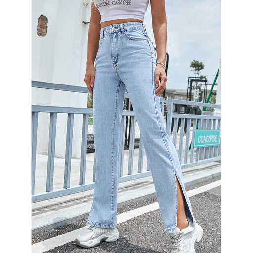 Color-Fashionable Denim Trousers Women Split Wide Leg Straight Loose High Waist Slimming Trousers-Fancey Boutique