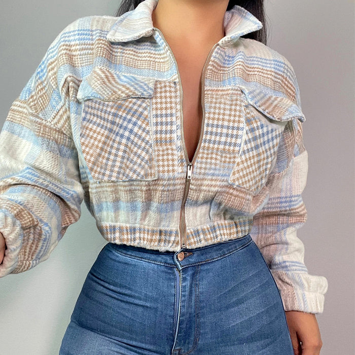 Color-Coat Short Bare Cropped Slim Fit Plaid Shacket Collar Long Sleeve Blouse-Fancey Boutique