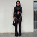 Color-Black-Women Clothing Sexy Mesh Stitching Sheer Long Sleeve Jumpsuit Flared Pants Casual Suit-Fancey Boutique