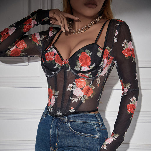 Color-Vintage Printed Lace V neck Chest Shaped Sexy Elegant Stretch Slim Fit Thin Long Sleeved Top-Fancey Boutique