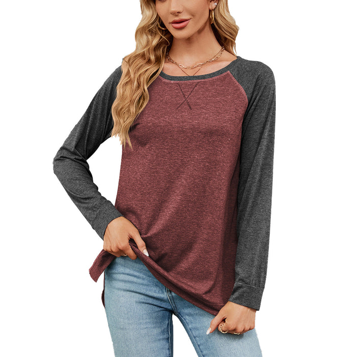 Color-Purplish Red and Dark Gray Sleeve-Autumn Winter round Neck Contrast Color Loose Long-Sleeved T-shirt Split Top Women-Fancey Boutique