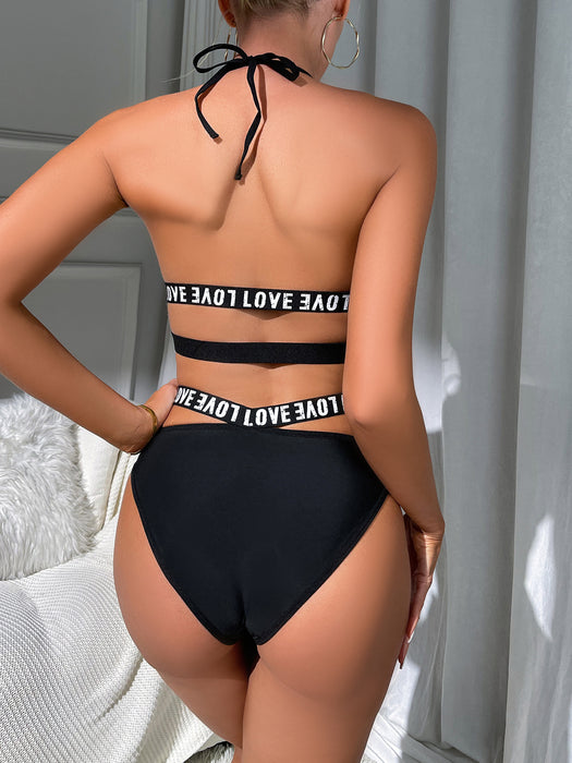 Color-Sexy Hollow Out Cutout Backless Letter Graphic Strap Three Point Sexy Lingerie Set-Fancey Boutique