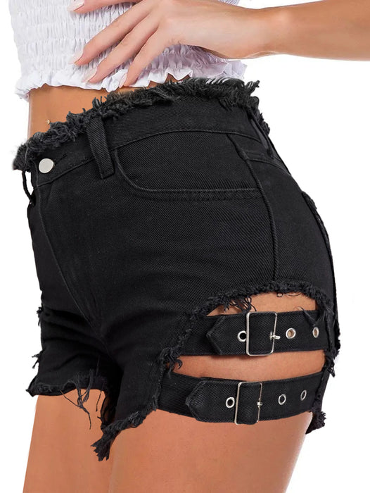 Color-Jeans High Waist Street Ripped Hollow Out Cutout Girls Jeans Shorts-Fancey Boutique